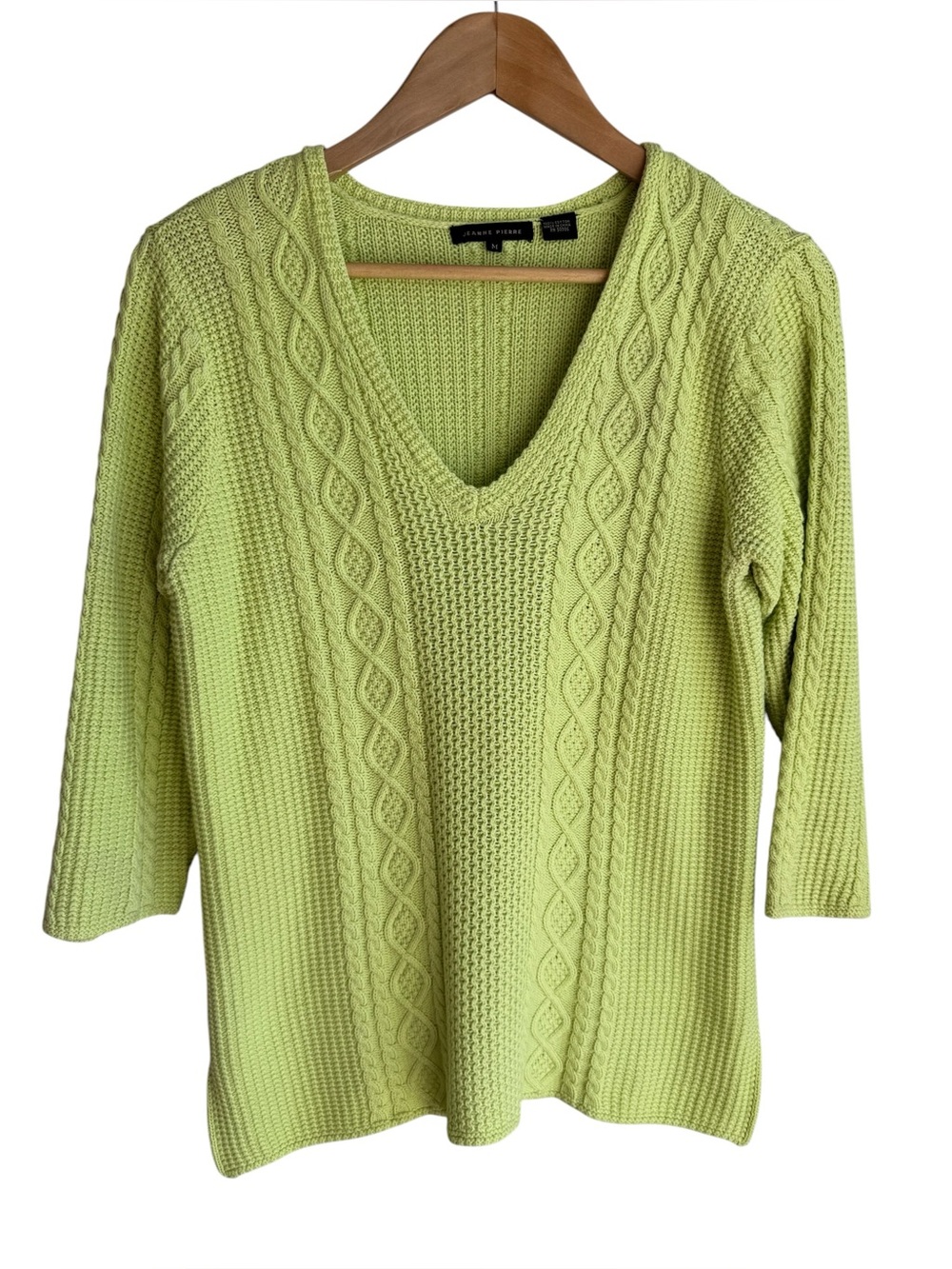 Jeanne Pierre Cable Knit Sweater Sz M Lime Green 3/4 Sleeve V-Neck Pullover EUC